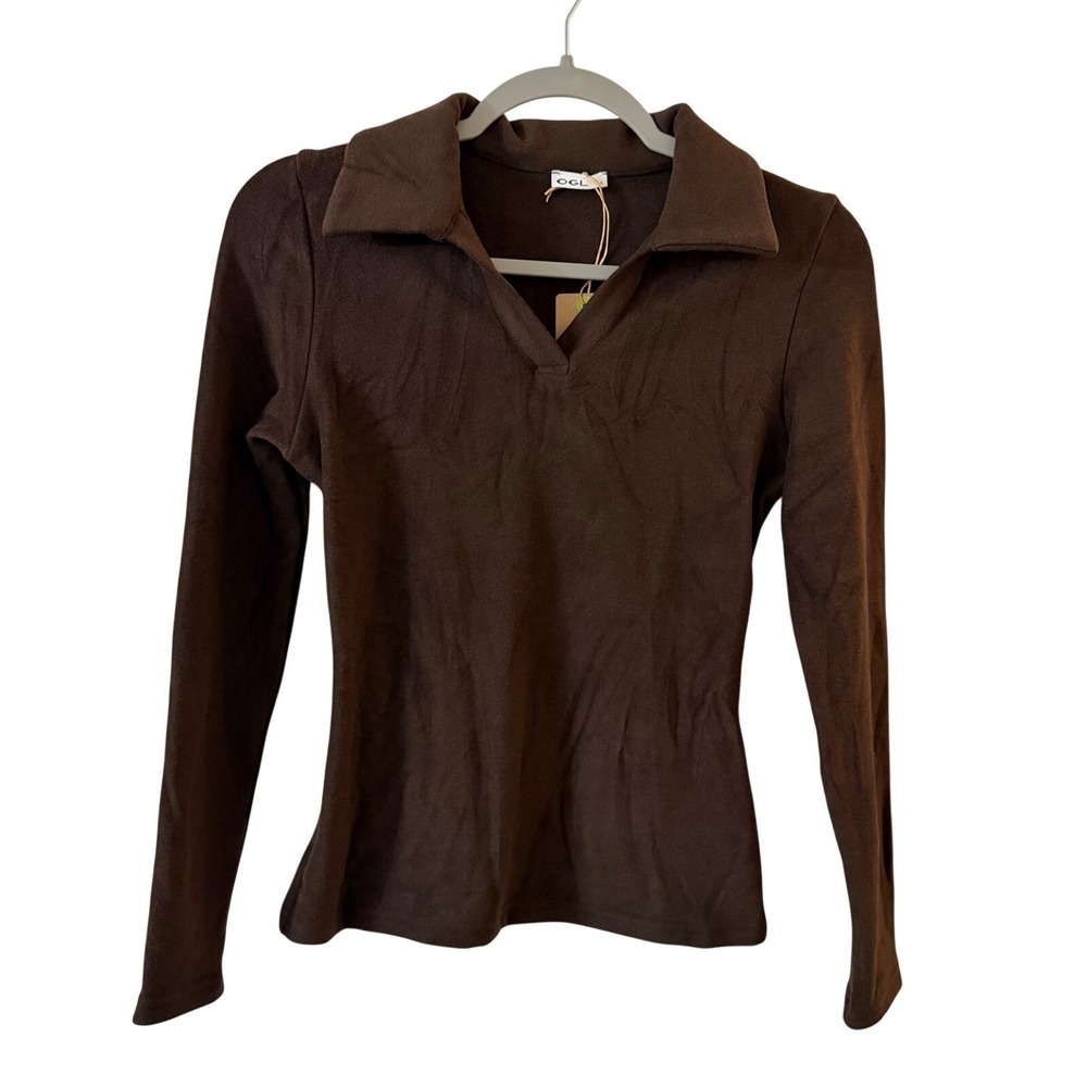 OGL Move Brown Long Sleeve Polo V-Neck Collared Top S SPU 251104-2989W24‎ NWT